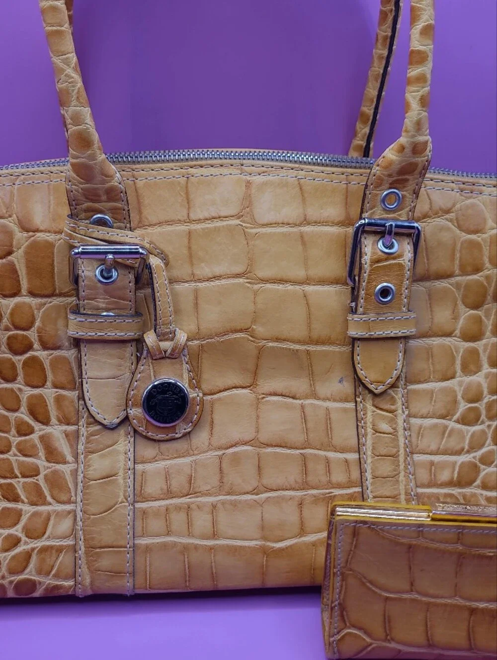 Vintage Dooney & Bourke Yellow Embossed Crocodile Handbag And Coin Purse Nile